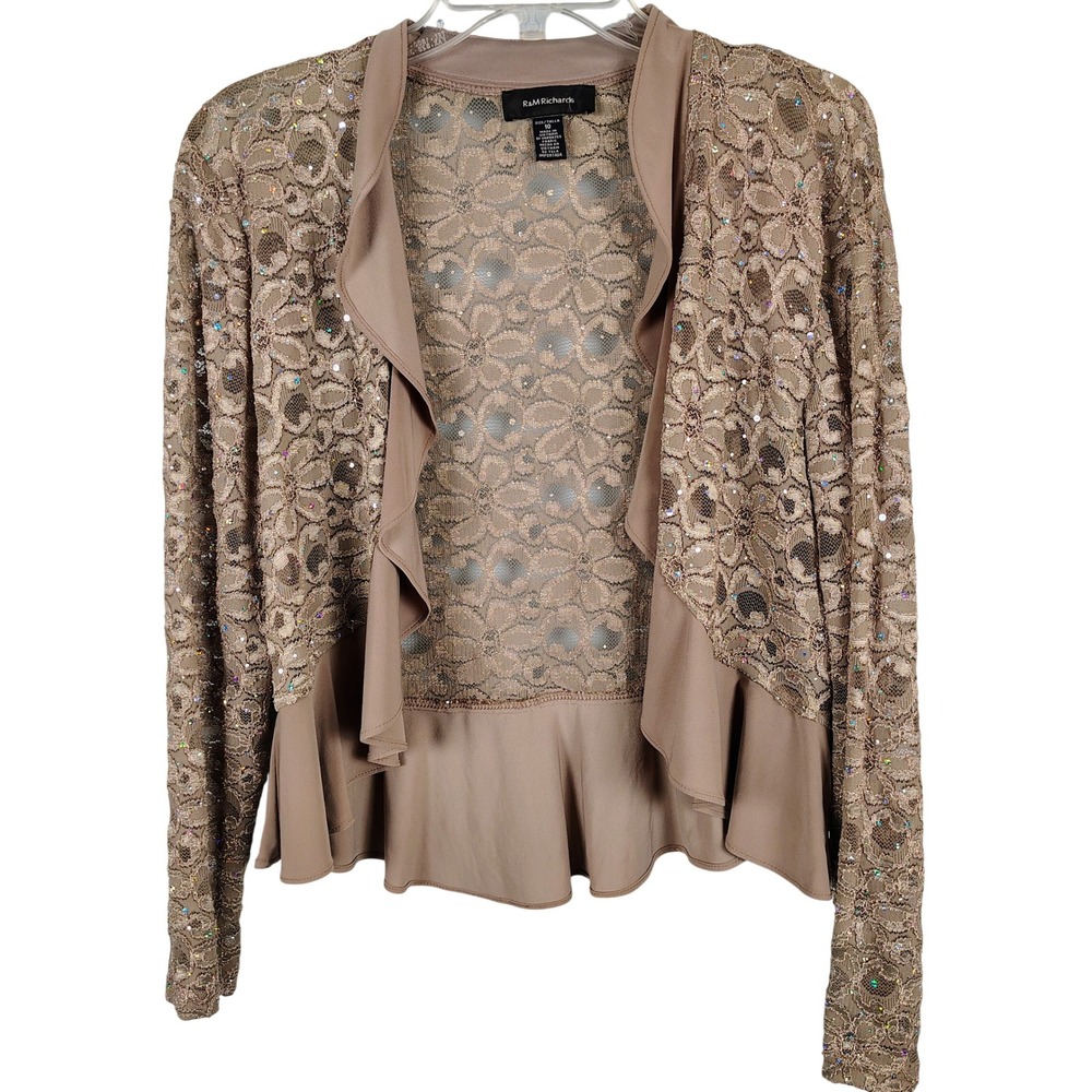 R&M Richards Womens SZ 10 Lace Sequin Shrug Taupe Ruffle Regencycore Glam